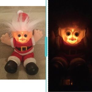 Troll doll with blue eyes Santa claus  12” tall with music, Christmas songs.